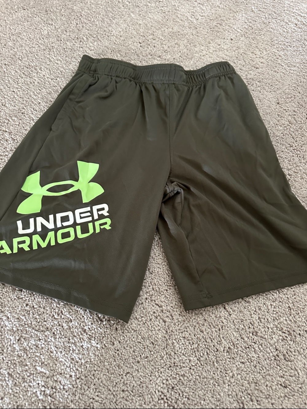 Under Armour Gray Tee and Olive Shorts with Neon Green Logo - Picture 6 of 10